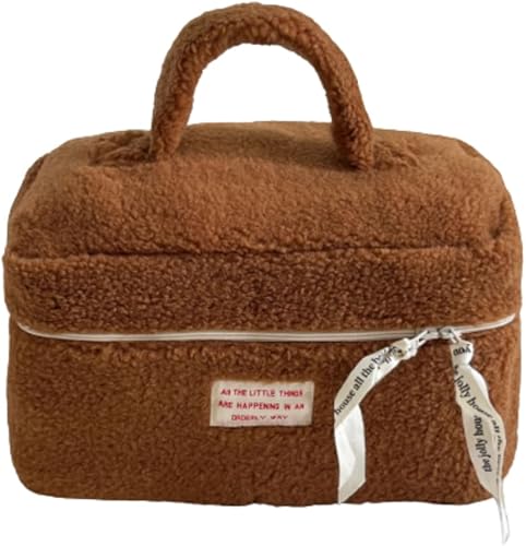 Bolsa de cosméticos grande para maquillaje, bolsa de maquillaje estética Y2K, bolsa de cosméticos de forro polar para bolso, Marrón