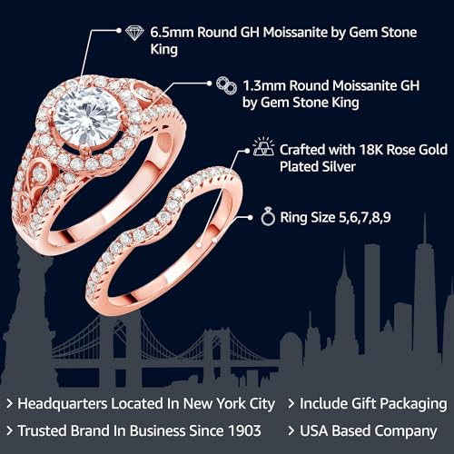 Gem Stone King 18K Rose Gold Plated Silver White Moissanite Wedding Engagement Ring Band Bridal Set For Women | 1.74 Cttw | Round 6.5MM | Available In Size 5, 6, 7, 8, 92