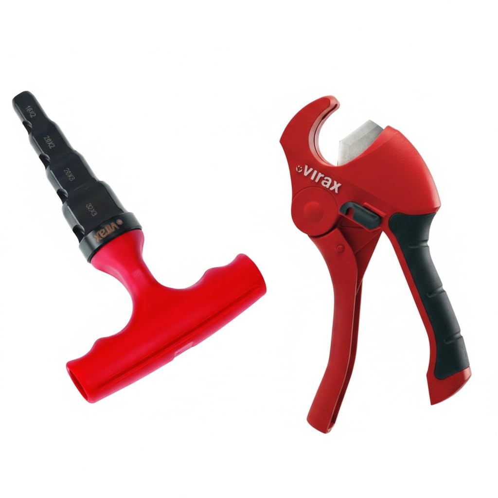 Kit idraulico professionale: tagliatubi PC 32 lama a V ad alta precisione + calibratore multistrato per sbavatori (16-20-26-32 mm) | ideale in PVC, PER, multistrato e tubi di irrigazione