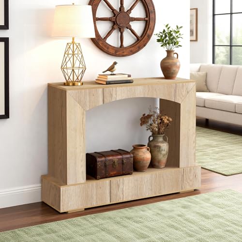Image of Sonharlar 46 Inch Entryway Table U-Shaped, Wooden Console Table with Socket Farmhouse Sofa Table for Entrance, Hallway, Living Room,Behind Couch((Natural Brown)
