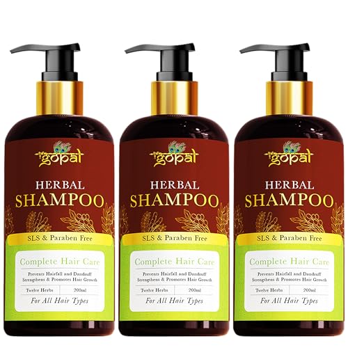 Image of RamGopal Ayurveda Amla Reetha Shikakai Herbal Shampoo - Anti-Dandruff & Hair Fall Control, Hair Growth & Strengthening | No Sulfate (SLES) and Paraben Free Shampoo | For All Hair Types | For Men & Women | Safe for Colored Hair - 200ml (Pack of 3)