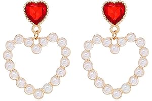 Pearl Heart Earrings for Women Girls: Red Diamond Heart Pearl Love Tassel Earrings