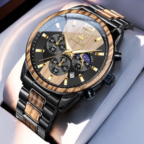 Image of OLEVS Men Watch Wooden Accent Band Multi Function Dial Luminous Waterproof Casual Luxury Business Watch