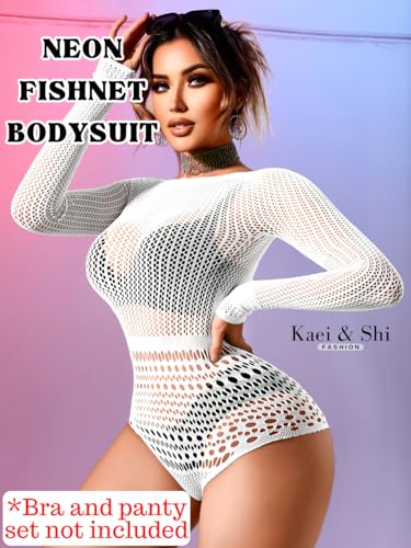 Image of Kaei&Shi Sexy Hollow Rave Outfits, Fishnet Bodysuit Fits US Women Sizes 0-18, Sheer Lace Glow Party Tops Festival Mesh