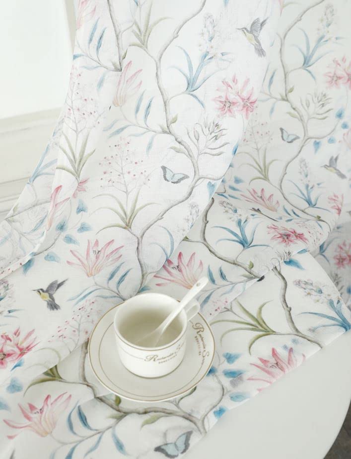 1 Pair Of Humming Bird Butterfly Floral Design Slot Top White Voile Panels - 55" (140cm) x 60" (152cm) Drop - Image 3