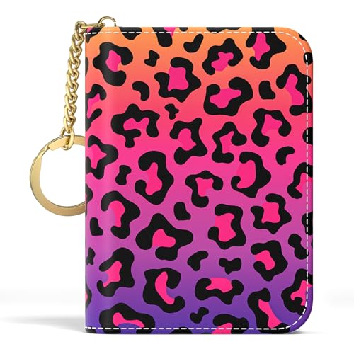 Image of Aiawoxc Credit Card Holder, Small RFID Wallet Slim Leather Card Organizer Case with Zipper and Keychain, Colorful Leopard Print