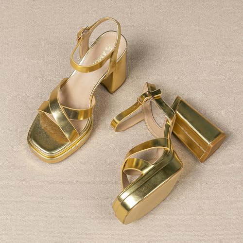 Amoji Women's 4 Inch Platform Chunky Heel Cross Straps Block Y2K Heeled Sandals 3124