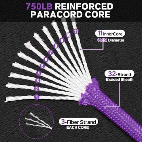 Paracord Rope 750 - Parachute para Cord 4mm 11 Strand Spool Rope Utility Nylon String for Outdoor Camping Survival Utility Tent Crafting DIY Projects - Purple 100ft - Image 3
