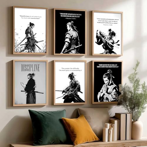 Image of HOTHOUSE Japanese Samurai Motivational Art Framed Posters for Living Room Bedroom Gaming Room Studio | Aesthetic Japanese Theme Samurai Poster with Frames Wall Decor Set Of 6 (10X13 inch)