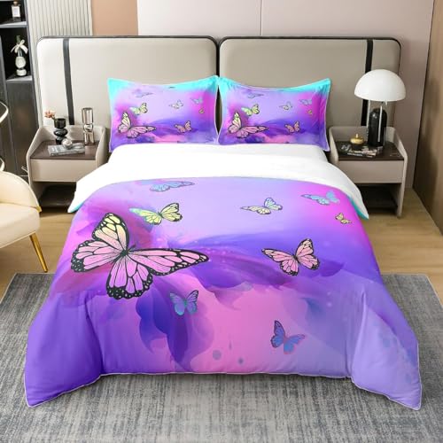 Homewish Housse de Couette Papillons, Parure de Lit 220x240 Coton, Ensemble de Literie Papillon Coloré, Housse Couette Aquarelle Tie Dye Pastel, Couvre-Lit...
