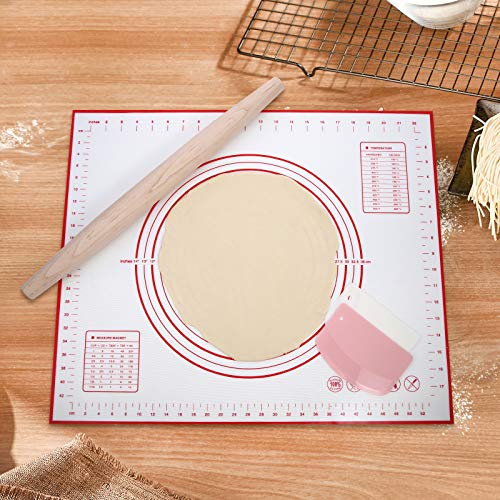 Puguo Wooden Rolling Pin - Hard Maple Wood French Rolling Pin 20 Inches, Silicone Baking Pastry Mat And 2 Dough Scrapers, Baking Set Of 4, Pizza, Pastry, Bread, Fondant, Pasta, Pie Crust, Cookie #TOP6