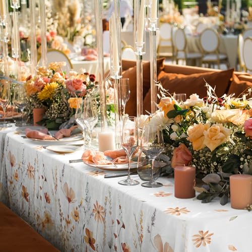 Image of Ganeen 3 Pcs Fall Floral Tablecloth Thanksgiving Autumn Disposable Plastic Table Cloth Wildflower Table Covers Rectangle for Thanksgiving Birthday Wedding Fall Party Decorations, 54 x 108 Inch