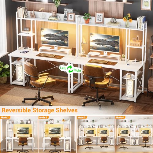 Image of Cyclysio Gaming Desk with Hutch, 47'' Computer Desk with LED Lights & Power Outlets, Home Office Desk with Reversible 5 Tiers Storage Shelves & Monitor Stand, Small Gaming Table for Small Space, White
