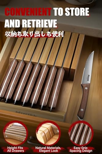 Image of Huusk Steak Knives Set of 8 with Wood Block, Serrated & Straight Dual-Edge | Drawer Organizer Included,Wood Full Tang Handle, Japanese Stainless Steel, Steaks Knives with Holder, Homewarming Gift Idea