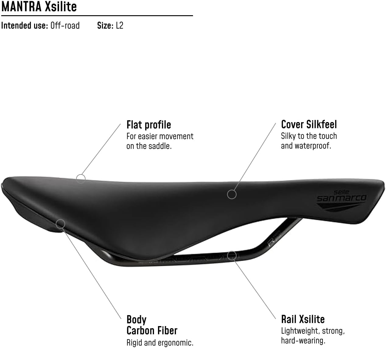 Selle San Marco Mantra Xsilite Off-Road Bicycle Saddle, Gravel, Trail, Cross Country, Open Shell with Protective Cover, Flat Shape, Xsilite Frame – Black, Size L2