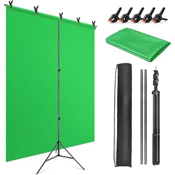 Green Screen with Stand 1.5 m x 2 m Background with Stand with Green Screen Adjustable Photography Background Stand with 5 Clips for Chroma Key Streaming Gaming