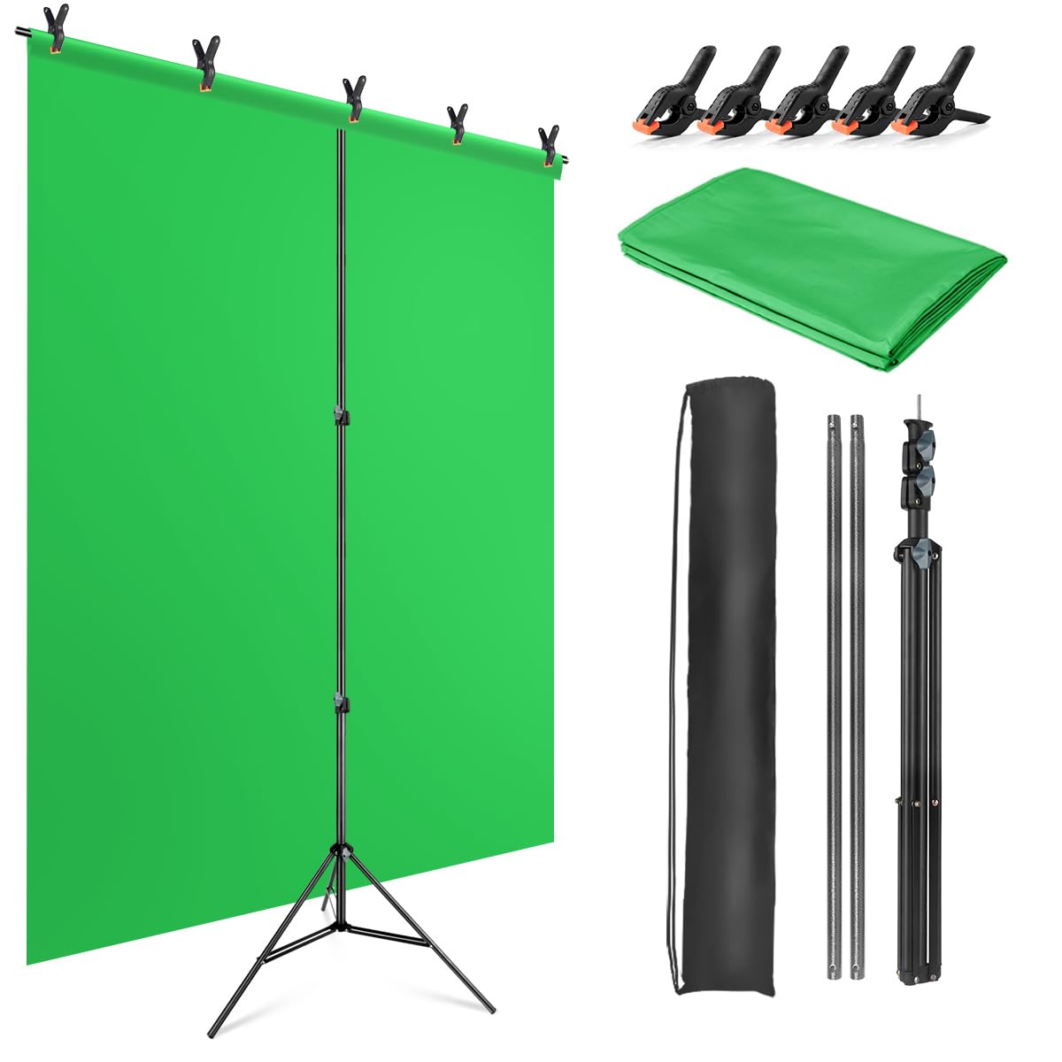 Green Screen Background with Stand 1.5m x 2m (5ft x 6.5ft), 1.5m x 2m Green Screen Photography Backdrop Kit for Chroma Key, Gaming, Photo Studio, Live Streaming