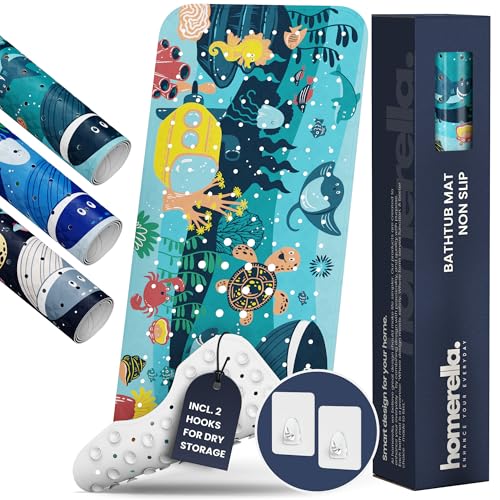 Image of Bath Tub Mat Non Slip Anti Mold for Kids BPA Free INCL Hooks - homerella® Ocean Sea Animals 40x16, Baby Bath Mat Non Slip 200 Suction Cups, Non Toxic Machine Washable Toddler Bath Mat, EU Certified