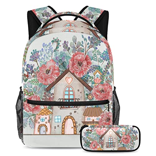 Sacs à dos motif maison de fleurs multicolore avec trousse scolaire pour filles et garçons
