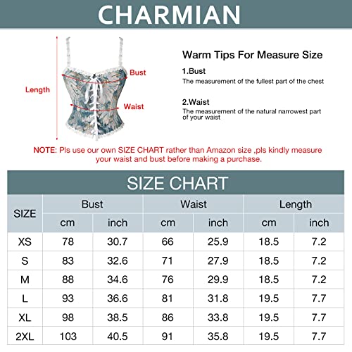 Charmian Women's Renaissance Vintage Retro Floral Embroidered Lace Up Camisole Crop Top Corset Bustier Top Blue Small #TOP4