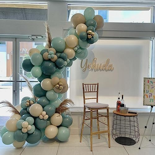 Image of 60 Pack Dusty Blue Gold Balloons, Slate Blue White Sand Teal Turquoise Crem Beige Latex Balloon Set Confetti Helium Balloon for Birthday Boho Baby Boy Shower Wedding Party Decorations