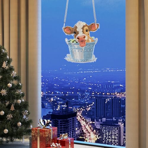 Image of AiYuanzsh Cow in Barrel Diamond Art Hanging Pendant Kit, 5D DIY Acrylic Special Shaped Rhinestone Diamond Painting Ornament for Wall, Door, or Garden Decoration, Handmade Craft Gift for Adults