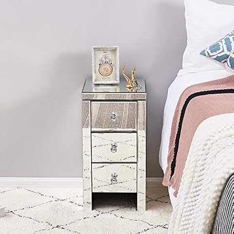 Mirrored Glass Bedside Table cabinet 3 Drawers and Crystal Handles Bedroom Furniture Cover
