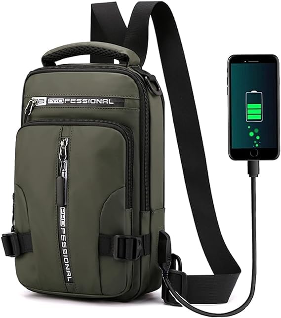 MARZIX Men cross backpack Sling Bag black/green Waterproof Sling Backpack Bag Sling Bag For Men & Women Bag with USB Charging Port for Travel Hiking Jogging Gym Picnic Daily Use