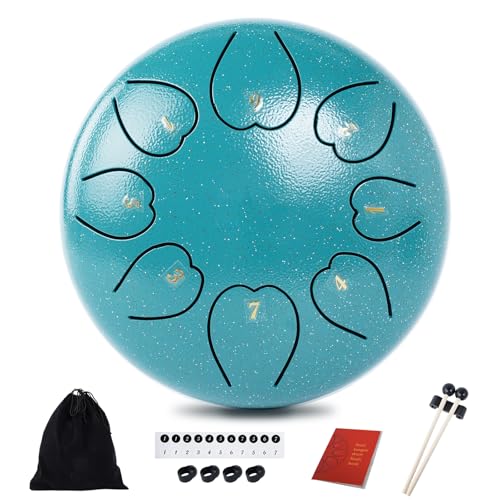 Rain Drum for Outside Garden, Steel Tongue Drum, Rain Chime Chakra Drum, Hand Pan Musical Instrument Gift with Bag for Adult Kids, Mallets for Meditation Yoga (Malachite, 6 Inches 8 Notes)