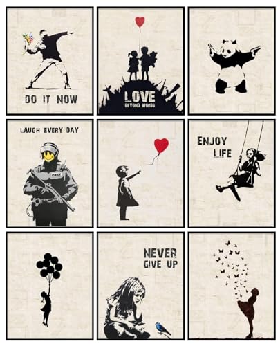INFUNLY 9er Set Banksy Wand Kunstdruck Ungerahmt Graffiti Street Leinwand Wandkunst Inspirierende Zitate Panda Bild Abstrakt Street Pop Art Wandposter 8x10 für Schlafzimmer Wohnzimmer INFUNLY 9er Set Banksy Wand Kunstdruck Ungerahmt Graffiti Street Leinwand Wandkunst Inspirierende Zitate Panda Bild Abstrakt Street Pop Art Wandposter 8x10 für Schlafzimmer Wohnzimmer