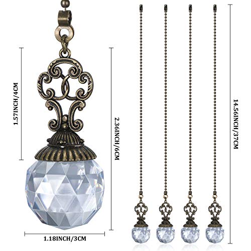 Image of Hicarer 4 Pcs ceiling fan pull chain Crystal pulls String,Transparent | 14 inch Vintage pull chains for ceiling fans and lights Extender Charm Extension Pull String