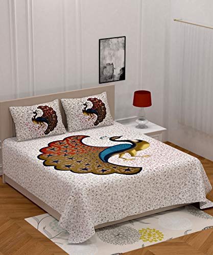 Image of Rajasthani Jaipuri Traditional Sanganeri Peacock Print 144 TC 100% Pure Cotton Double Size Bedsheet with 2 Pillow Covers (RED,White)