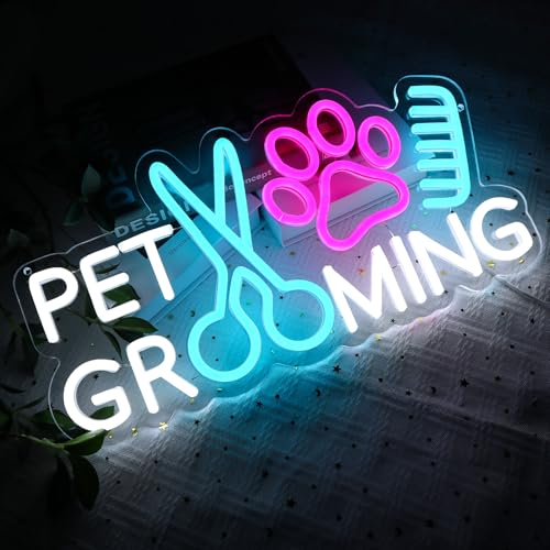 Image of Pet Grooming Neon Sign for Wall Decor, 15.5 inch x 8.2 inch Led Signs for Business, USB Dimmable Paw Neon Lights for Pet Shop Dog Hospital Spa Salon Bar Stores Decoration