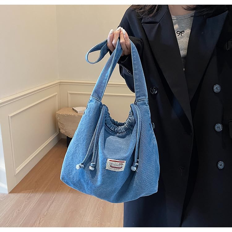Vintage Denim Tote Bag - Drawstring Crossbody Purse, Retro Washed Canvas Shoulder Handbag3