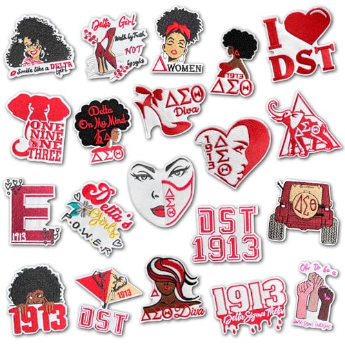 Image of 20pcs Delta Theta Sigma Iron on Patches Sorority Paraphernalia, Red and Black Embroidered Delta 1913 Applique Patch for Hats, Clothes, Jackets, Bags, Jeans, T-Shirt