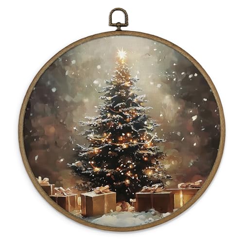 MAQIKA Vintage Christmas Tree Framed Wall Art Decor, Christmas Round