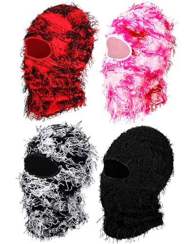 Panitay 4 Pcs Men Distressed Balaclava Winter Trending Ski Masks Women Wind Proof Furry Distress Face Mask (Main Red Black)