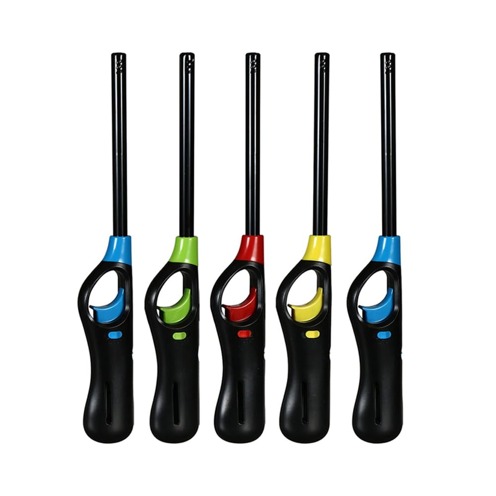 OBD 5 x Refillable BBQ Lighter Safety Gas Adjustable Flame Windproof Candle Lighter Ideal for Kitchen Barbecue Cooking Camping Fireworks