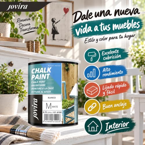 Miniatura 2 de Jovira Pinturas Pintura Tiza - Chalk Paint Al Agua Mate. Renueva Tus Muebles Con Creatividad. 750 Mililitros, Blanco C-20