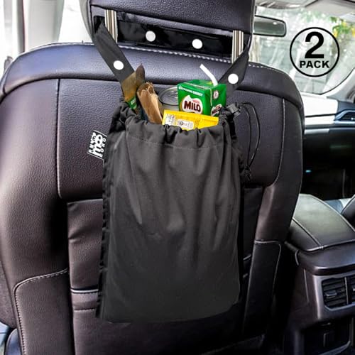 Image of 2 Pack Leakproof Car Trash Bags Detachable Waterproof Garbage Bags with Drawstring Hanging Organizer for Back Seat & Travel Black