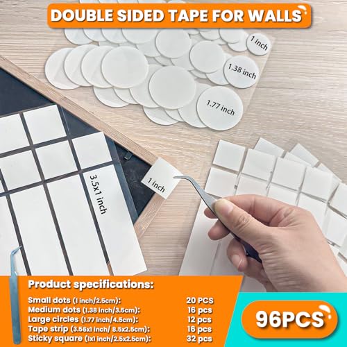 Tikfoam 96pcs Double Sided Tape Heavy Duty, Removable Mounting Dots Adhesive Strips, No Residue Multipurpose Tape for Picture, Poster, Art Craft, Decoration, Party Supplies
