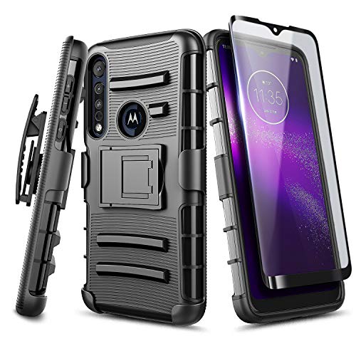 E-Began Moto G8 Play Case, Motorola Moto One Macro With Tempered Glass Screen Protector (Full Coverage), Belt Clip Holster Kickstand Heavy Duty Armor Defender Shockproof Rugged Phone Case -Black #TOP9
