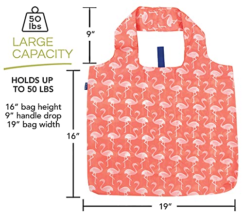 Rockflowerpaper Reusable Grocery Bags For Shopping - Pink Flamingos Pattern Blu Bag - Machine Washable, Foldable, Packable Tote - Large Handles - Heavy Duty And Lightweight - Zippered Top Pouch #TOP4