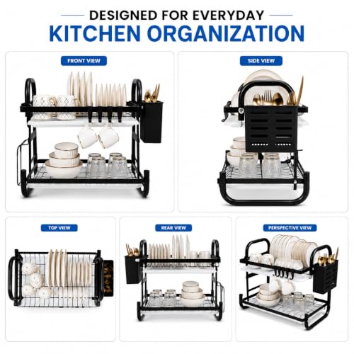 Image of 2 Tier Dish Drying Rack for Kitchen Counter, Dish Drainers for Metal Drying Rack Chopping Board Holder,Knife Holder,Cutlery Basket, Water Drain Tray Dish Racks(SS-10)