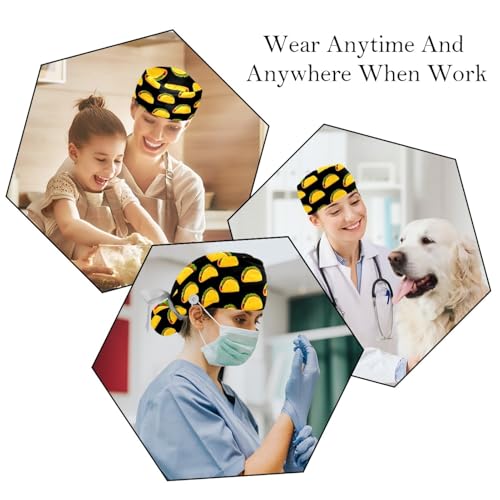 Image of 2 PCS Bouffant Cap with Button Ponytail Pouch Working Cap Sweatband Adjustable Surgical Cap Black and White Cow