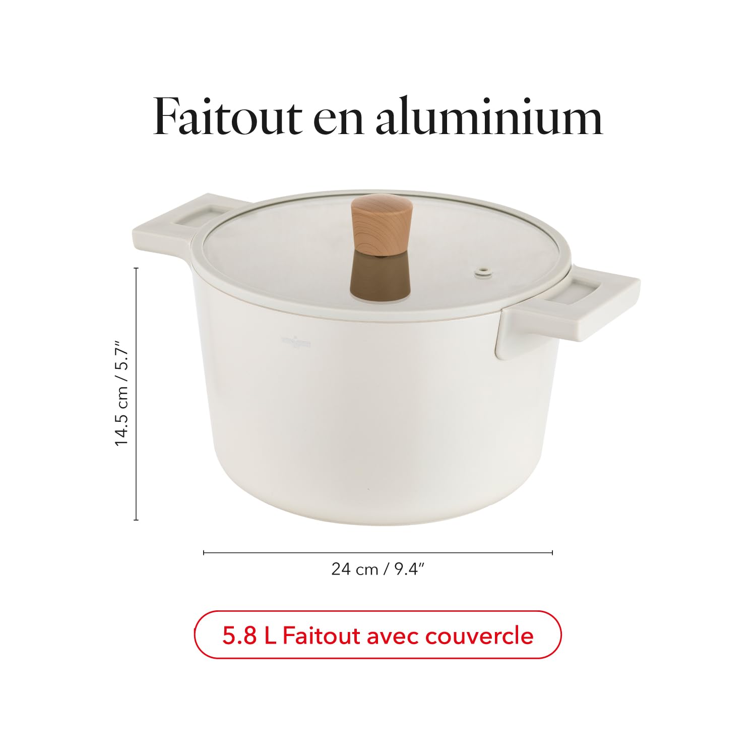 FLORINA Nube Casserole en aluminium | 24 cm | 5,8 l | Compatible induction | Revêtement céramique anti-rayures | Poignée Soft-Touch aspect bois | Couvercle en verre résistant à la chaleur