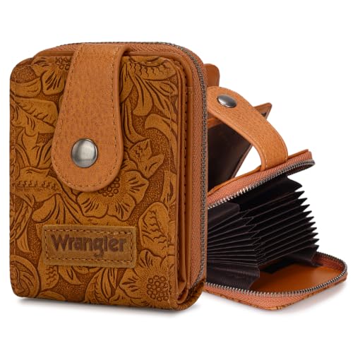 Image of Wrangler Wallet Women Small Credit Card Holder Tooled Floral Zip Around | Small Wallet with Rfid Blocking Zip Credit Card Case, Compact & Easy to Carry, Western Style, Gift for Female Ladies