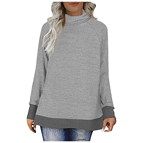 HCFKJ Sweat Femme Mode Pullover à Col Roulé de Couleur Unie Ample Color Patchwork Casual Pile Collar Top Vêtements d'automne et d'hiver à la Mode pour Femme (Gris,L) Cover