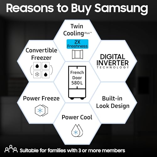 Image of Samsung 550 L Inverter Frost-Free French Door Refrigerator (RF57A5032B1 /TL, Black DOI, Convertible), Real Stainless, Convertible