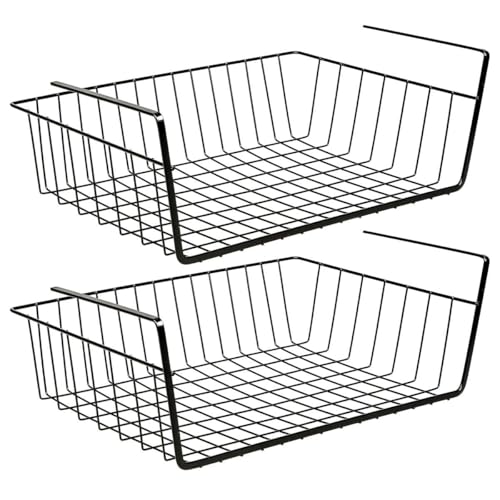 LIVHOME 2pc Under Shelf Storage Basket Hanging Storage Baskets Pantry Closet Organizer Bathroom Shelf Basket Under Desk Storage Cabinet Cupboard Organizer for Home (Black)